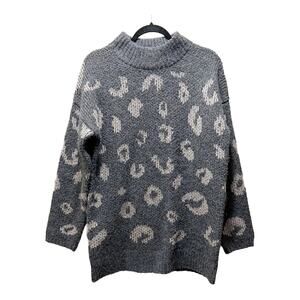 Universal Thread Charcoal Gray Chunky Knit Mock Neck Leopard Print Sweater Sz M